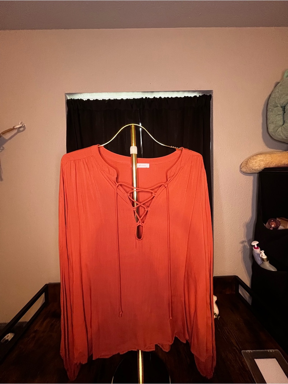 Ces Femme Rust Terracotta Lace Up Boho Blouse Size Large